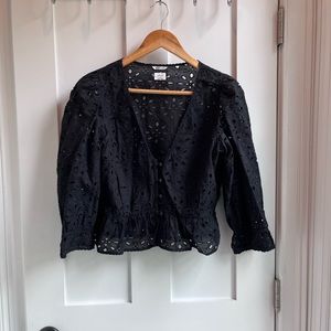 Wilfred Black Eyelet Crop Top 3/4 Sleeve with Shoulder Detail & Buttons Size M